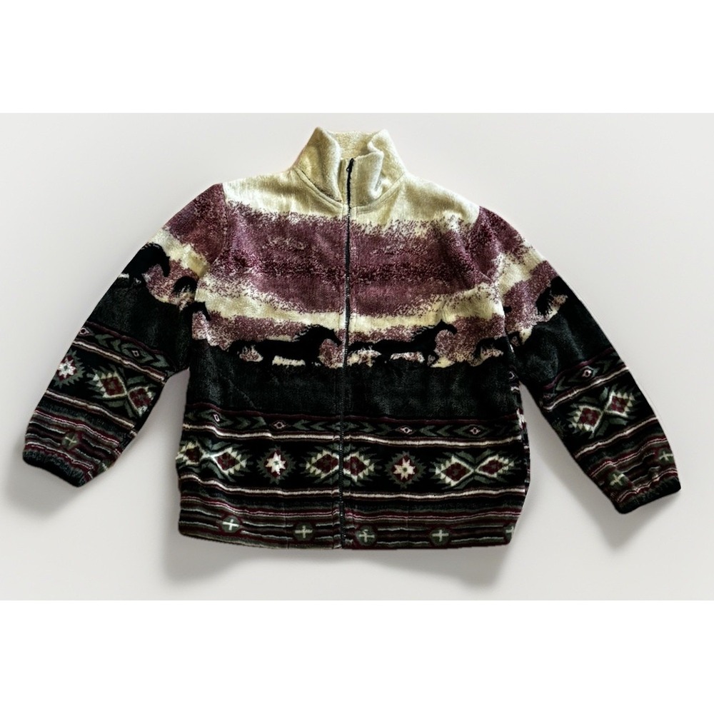 Vintage Black Mountain Navajo Horse Fleece Jacket M Aztec USA Made 90s RRL Rare